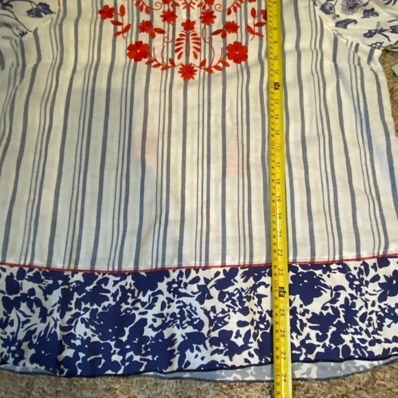 John Mark Tunic Size 0X Bell Ruffle 3/4 Sleeves Embroidered Striped Tas… - Picture 13 of 14
